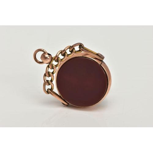 36 - A LATE 19TH CENTURY 9CT GOLD SWIVEL FOB, of a circular form set with bloodstone and carnelian panels... 