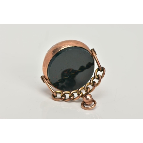 36 - A LATE 19TH CENTURY 9CT GOLD SWIVEL FOB, of a circular form set with bloodstone and carnelian panels... 