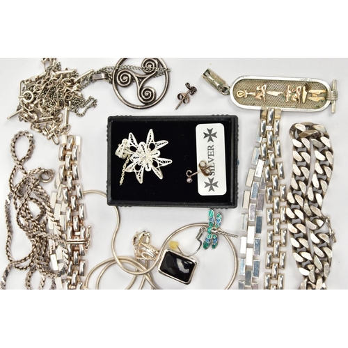 44 - A BAG OF ASSORTED SILVER AND WHITE METAL JEWELLERY, to include a silver brick link chain fitted with... 