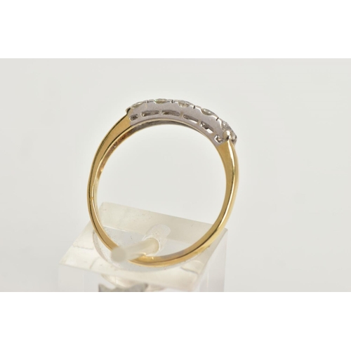 47 - A YELLOW METAL FIVE STONE DIAMOND RING, set with five slightly graduating round brilliant cut diamon... 