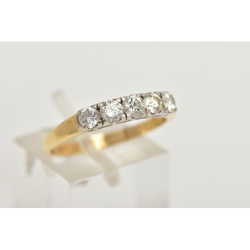 47 - A YELLOW METAL FIVE STONE DIAMOND RING, set with five slightly graduating round brilliant cut diamon... 