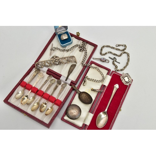 56 - A SELECTION OF SILVER ITEMS, to include a cased set of six silver coffee spoons each set with a thre... 