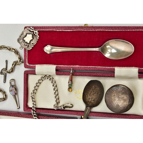 56 - A SELECTION OF SILVER ITEMS, to include a cased set of six silver coffee spoons each set with a thre... 