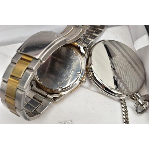 57 - A GENTS WRISTWATCH AND TWO POCKET WATCHES, to include a gents 'Seiko' wristwatch with a round gold d... 