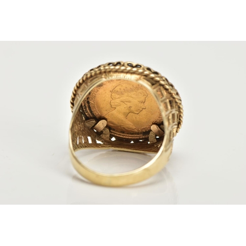 58 - A MOUNTED HALF SOVEREIGN RING, a late 20th century half gold sovereign, dated 1982, diamond cut patt... 