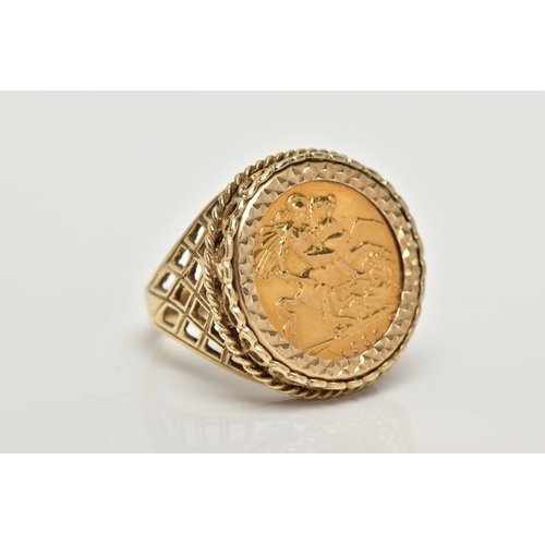 58 - A MOUNTED HALF SOVEREIGN RING, a late 20th century half gold sovereign, dated 1982, diamond cut patt... 