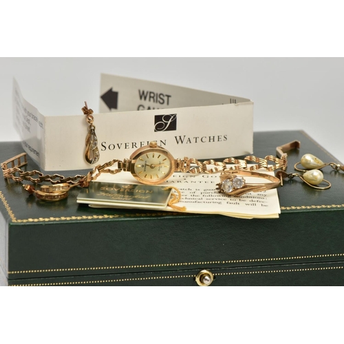 61 - A LADIES 9CT GOLD WRISTWATCH, A RING AND LOOSE EARRINGS, the ladies watch with an oval gold dial sig... 