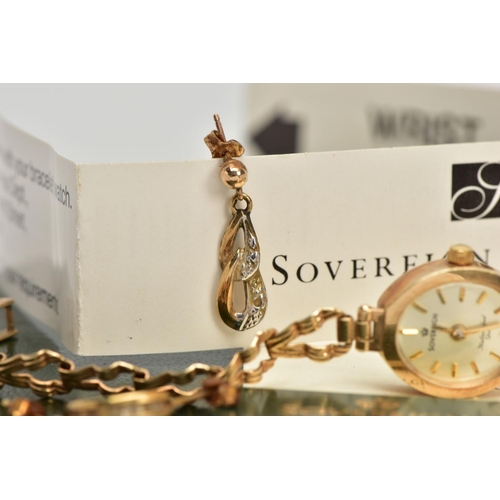 61 - A LADIES 9CT GOLD WRISTWATCH, A RING AND LOOSE EARRINGS, the ladies watch with an oval gold dial sig... 