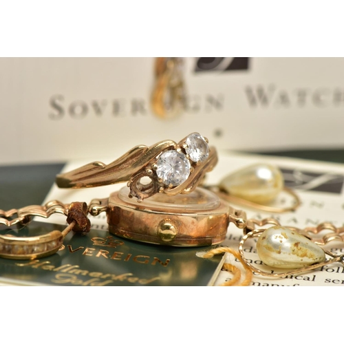 61 - A LADIES 9CT GOLD WRISTWATCH, A RING AND LOOSE EARRINGS, the ladies watch with an oval gold dial sig... 