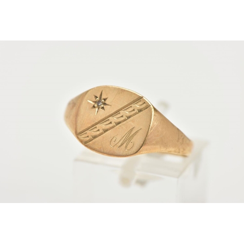 63 - A 9CT GOLD SIGNET RING, a squared yellow gold signet ring, with a star set round brilliant cut diamo... 