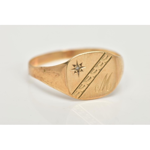 63 - A 9CT GOLD SIGNET RING, a squared yellow gold signet ring, with a star set round brilliant cut diamo... 