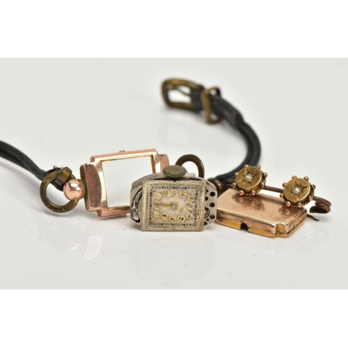 64 - A 9CT GOLD LADIES WRISTWATCH AND LATE 19TH CENTURY BAR BROOCH, a rectangular gold cased ladies wrist... 