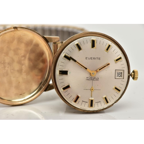 65 - A 9CT GOLD GENTS WRISTWATCH, hand wound movement, champagne tone dial signed 'Everite' baton markers... 