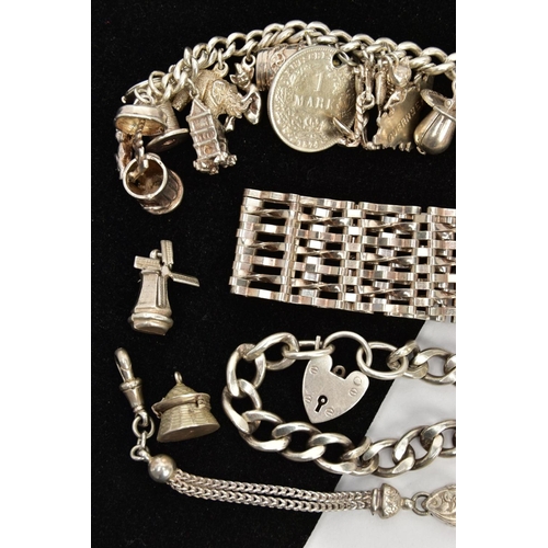 68 - A SILVER CHARM BRACELET, GATE BRACELET, ALBERTINA AND LOOSE CHARM, the charm bracelet fitted with tw... 