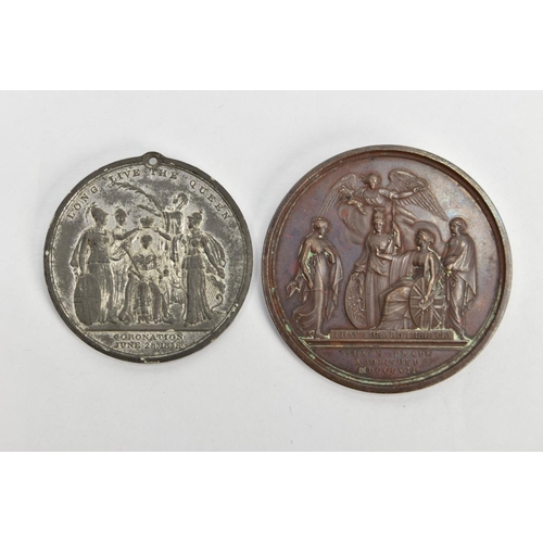 69 - A WILLIAM WILBERFORCE SLAVE TRADE ABOLISHEMENT MEDALLION AND A QUEEN VICTORIA CORONATION JUNE 28 183... 