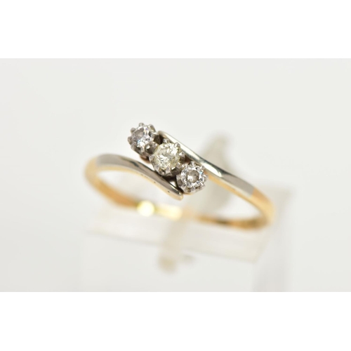 75 - A THREE STONE DIAMOND RING, three round brilliant cut diamonds prong set in white metal, approximate... 