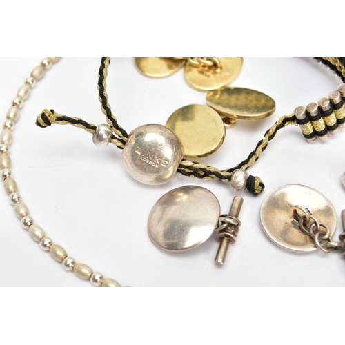 88 - THREE PAIRS OF CUFFLINKS, A CHAIN AND A BRACELET, to include a pair of silver gilt oval cufflinks ha... 