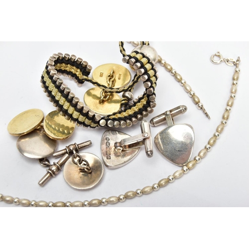 88 - THREE PAIRS OF CUFFLINKS, A CHAIN AND A BRACELET, to include a pair of silver gilt oval cufflinks ha... 