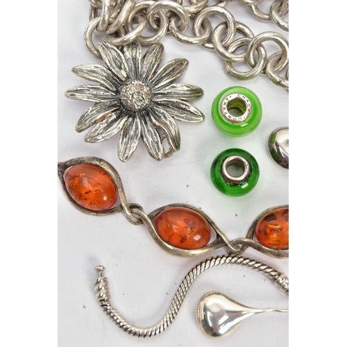 91 - FIVE PIECES OF JEWELLERY AND CHARMS, to include a large Rolo link chain suspending a large flower pe... 