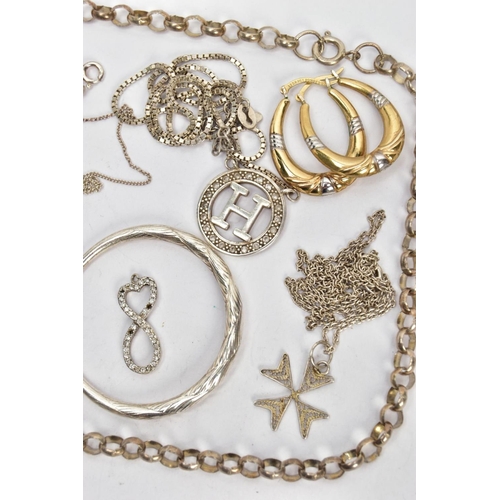 93 - SILVER AND WHITE METAL JEWELLERY, to include a silver belcher chain fitted with a spring clasp hallm... 