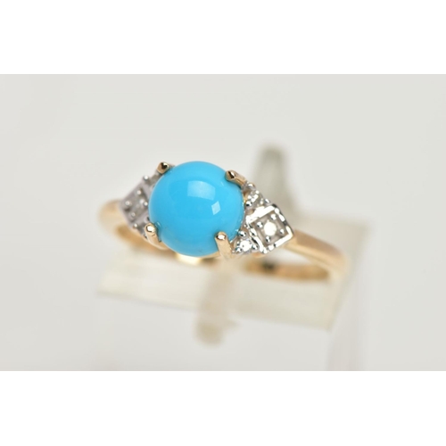 96 - A YELLOW METAL TURQUOISE AND DIAMOND RING, centring on a circular turquoise cabochon in a four claw ... 