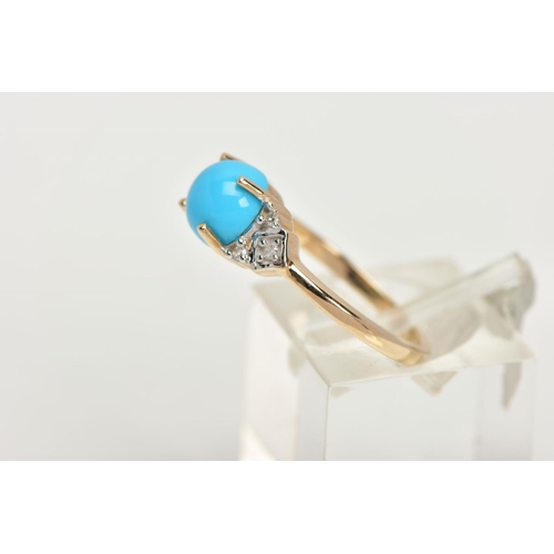 96 - A YELLOW METAL TURQUOISE AND DIAMOND RING, centring on a circular turquoise cabochon in a four claw ... 