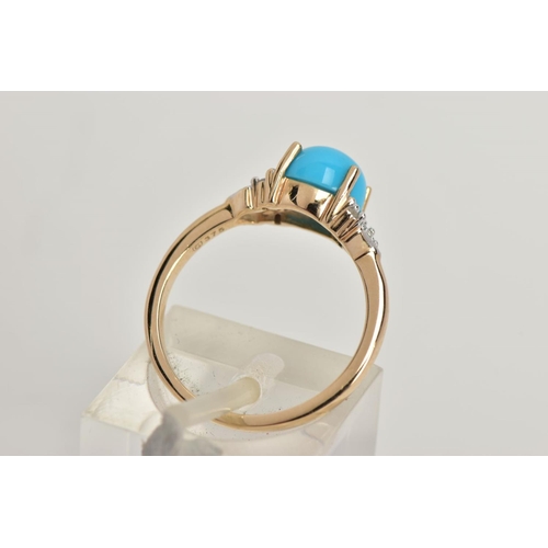 96 - A YELLOW METAL TURQUOISE AND DIAMOND RING, centring on a circular turquoise cabochon in a four claw ... 