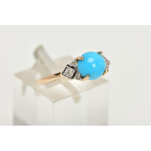 96 - A YELLOW METAL TURQUOISE AND DIAMOND RING, centring on a circular turquoise cabochon in a four claw ... 