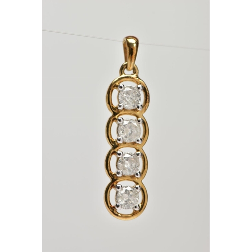 97 - A 9CT GOLD PENDANT, drop design set with four round brilliant cut diamonds each in a four claw setti... 