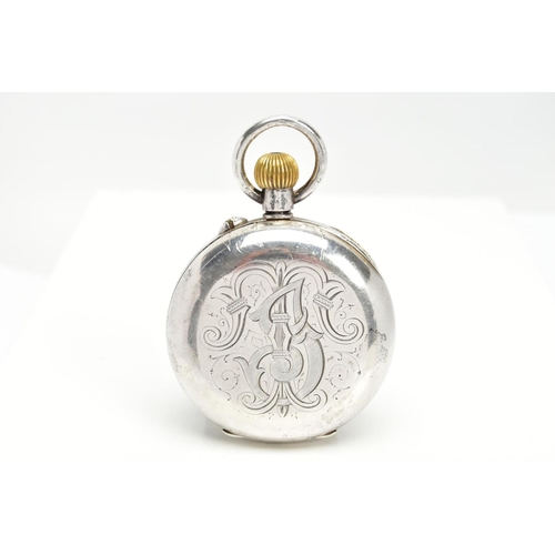 98 - AN OPEN FACE POCKET WATCH, round black dial with white Arabic numerals, seconds subsidiary dial at t... 