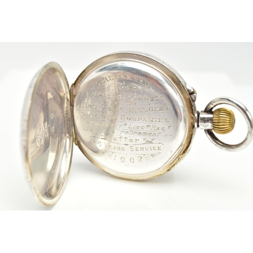 98 - AN OPEN FACE POCKET WATCH, round black dial with white Arabic numerals, seconds subsidiary dial at t... 