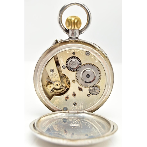 98 - AN OPEN FACE POCKET WATCH, round black dial with white Arabic numerals, seconds subsidiary dial at t... 