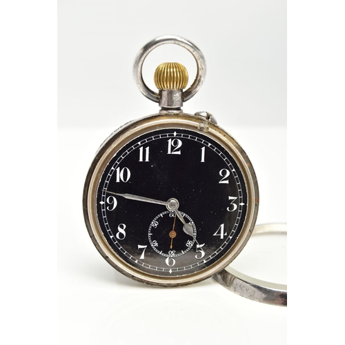 98 - AN OPEN FACE POCKET WATCH, round black dial with white Arabic numerals, seconds subsidiary dial at t... 