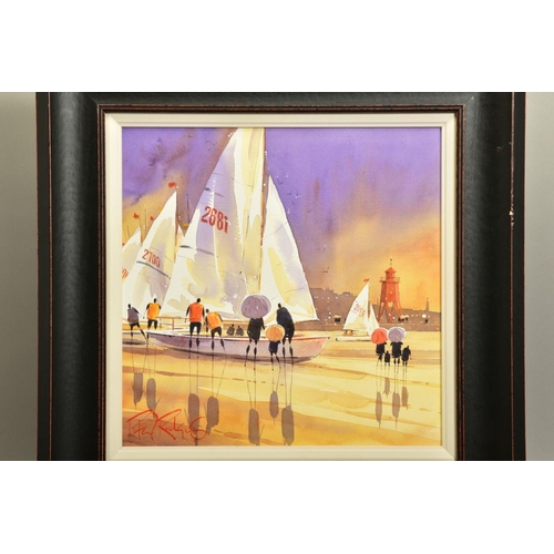 404 - PETER J RODGERS (BRITISH CONTEMPORARY) 'READY TO LAUNCH', sailing dinghies at the beach, signed bott... 