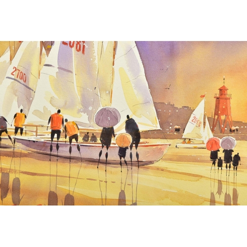 404 - PETER J RODGERS (BRITISH CONTEMPORARY) 'READY TO LAUNCH', sailing dinghies at the beach, signed bott... 