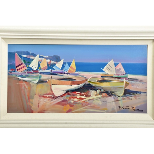 405 - FABIO COSTANTINO (ITALY 1952) 'SUMMER HEAT VI', dinghies on a beach, signed bottom right, oil on boa... 