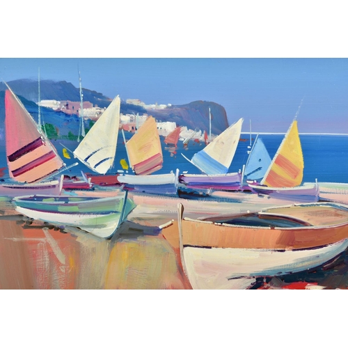 405 - FABIO COSTANTINO (ITALY 1952) 'SUMMER HEAT VI', dinghies on a beach, signed bottom right, oil on boa... 