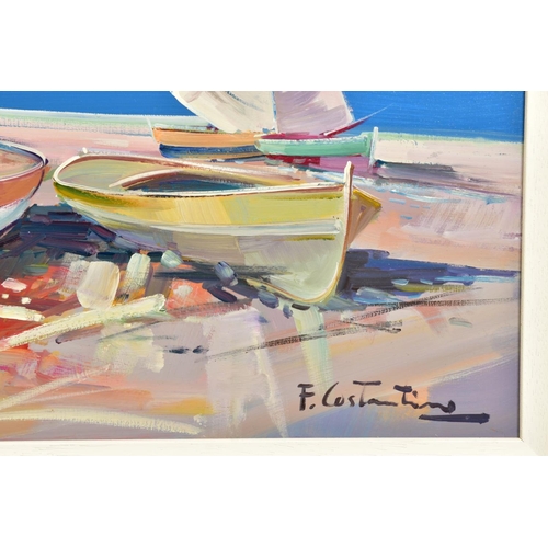 405 - FABIO COSTANTINO (ITALY 1952) 'SUMMER HEAT VI', dinghies on a beach, signed bottom right, oil on boa... 