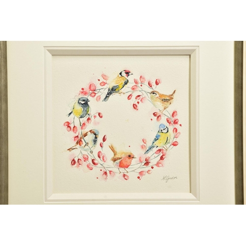 406 - AMANDA GORDON (BRITISH CONTEMPORARY)  'BIRD AND BERRY GARLAND', Finches, Bluetits and a Robin on a r... 