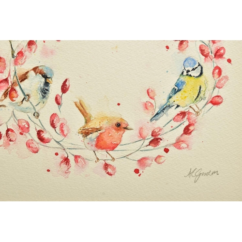 406 - AMANDA GORDON (BRITISH CONTEMPORARY)  'BIRD AND BERRY GARLAND', Finches, Bluetits and a Robin on a r... 