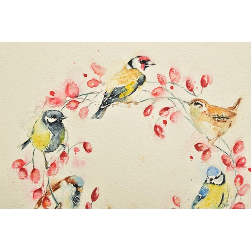 406 - AMANDA GORDON (BRITISH CONTEMPORARY)  'BIRD AND BERRY GARLAND', Finches, Bluetits and a Robin on a r... 