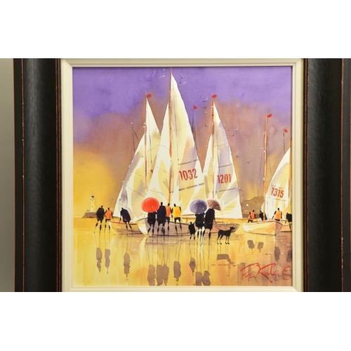 411 - PETER J RODGERS (BRITISH CONTEMPORARY) 'PREPARING FOR THE RACE', racing dinghies on the beach, signe... 