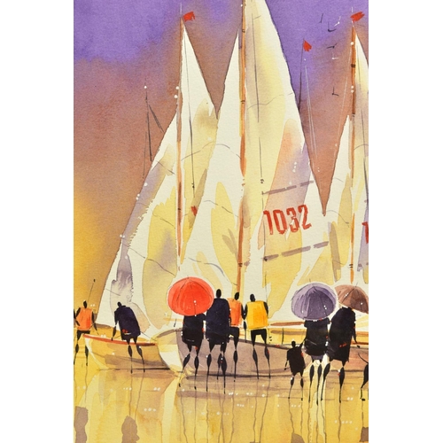 411 - PETER J RODGERS (BRITISH CONTEMPORARY) 'PREPARING FOR THE RACE', racing dinghies on the beach, signe... 