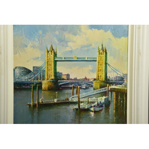 417 - HELIOS GISBERT (SPAIN 1958) 'TOWER BRIDGE', a River Thames cityscape, signed bottom left, oil on can... 