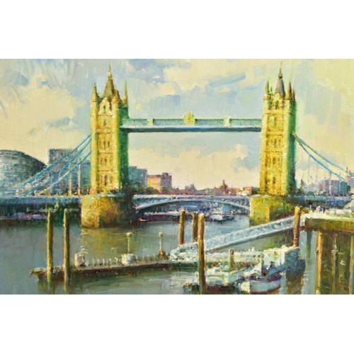 417 - HELIOS GISBERT (SPAIN 1958) 'TOWER BRIDGE', a River Thames cityscape, signed bottom left, oil on can... 