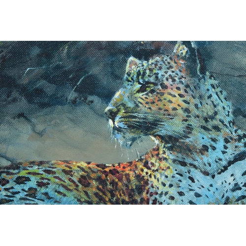 419 - ROLF HARRIS (AUSTRALIAN 1930) 'LEOPARD RECLINING AT DUSK' a limited edition print 83/195, signed to ... 