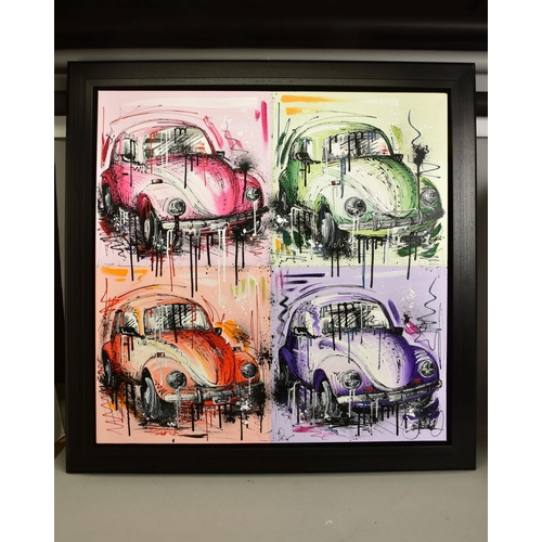 427 - SAMANTHA ELLIS (BRITISH 1992) 'CONNECT FOUR', four colourful Volkswagen Beetles, signed bottom right... 