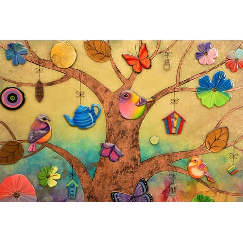 428 - KERRY DARLINGTON (BRITISH 1974)'HATCHING', colourful birds perched in a tree, signed bottom right, 3... 