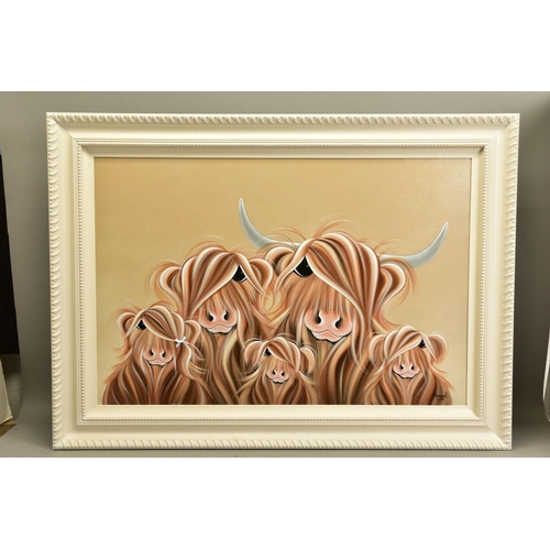 429 - JENNIFER HOGWOOD (BRITISH 1980) 'THE FIVE MOO-SKETERS', a family of Highland cows, signed bottom rig... 