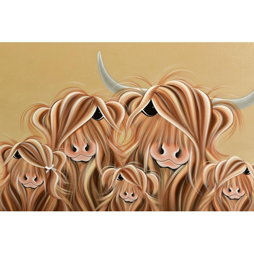 429 - JENNIFER HOGWOOD (BRITISH 1980) 'THE FIVE MOO-SKETERS', a family of Highland cows, signed bottom rig... 